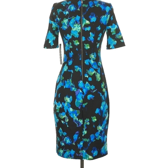 Elegant Black Midi Dress with Blue and Green Patterns - Picture 2 of 4